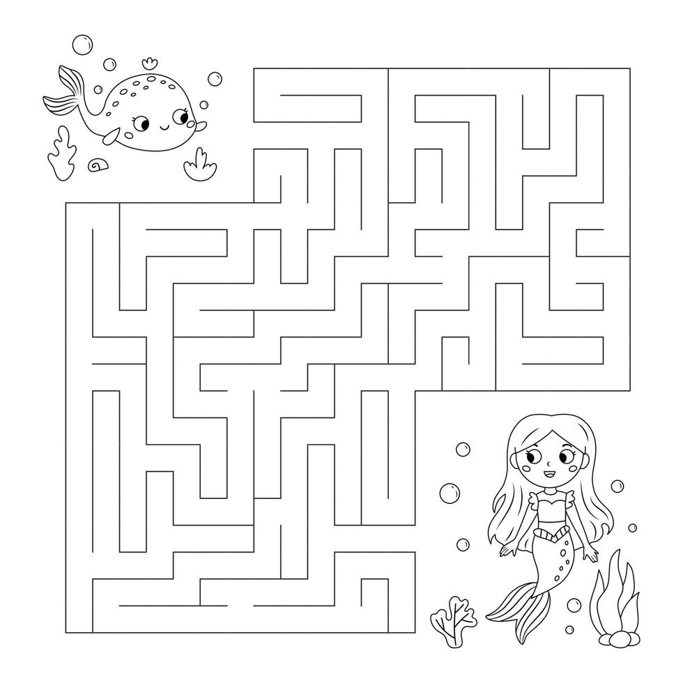 Coloring page with labyrinth. Maze game. Help the whale find the way to mermaid. Fairy tale. Educational puzzle for kids. Underwater theme. Coloring book. Vector illustration.