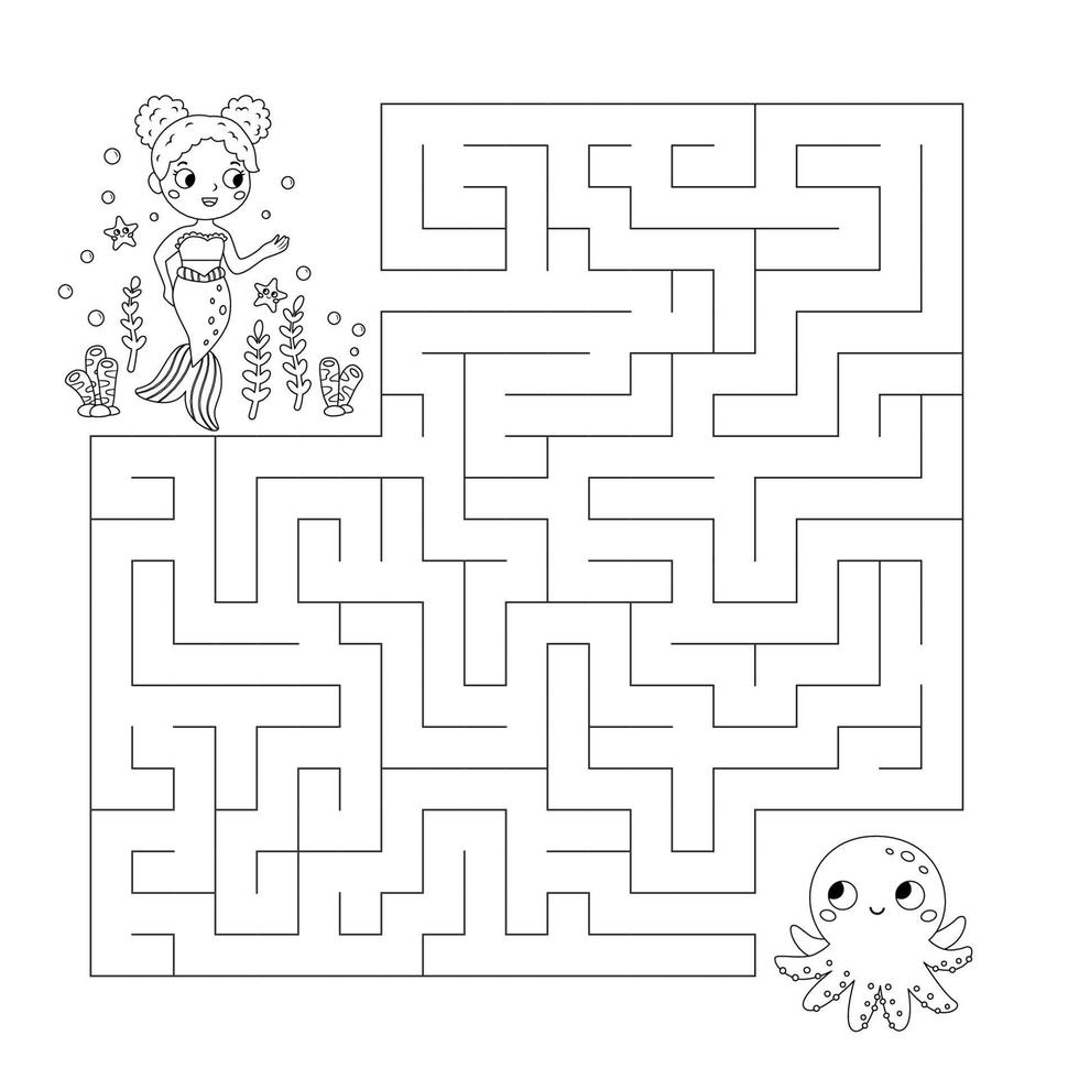 Coloring page. Maze game. Cute cartoon mermaid find way to her friend octopus. Sea theme. Fairy tale. Coloring book. Printable labyrinth. Vector illustration