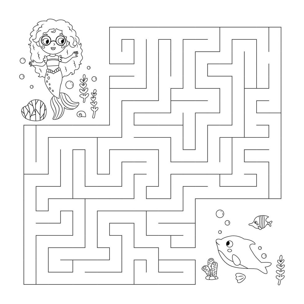 Coloring page with labyrinth. Maze game. Help the mermaid find the way to her friend dolphin. Fairy tale. Educational puzzle. Underwater theme. Coloring book. Vector illustration