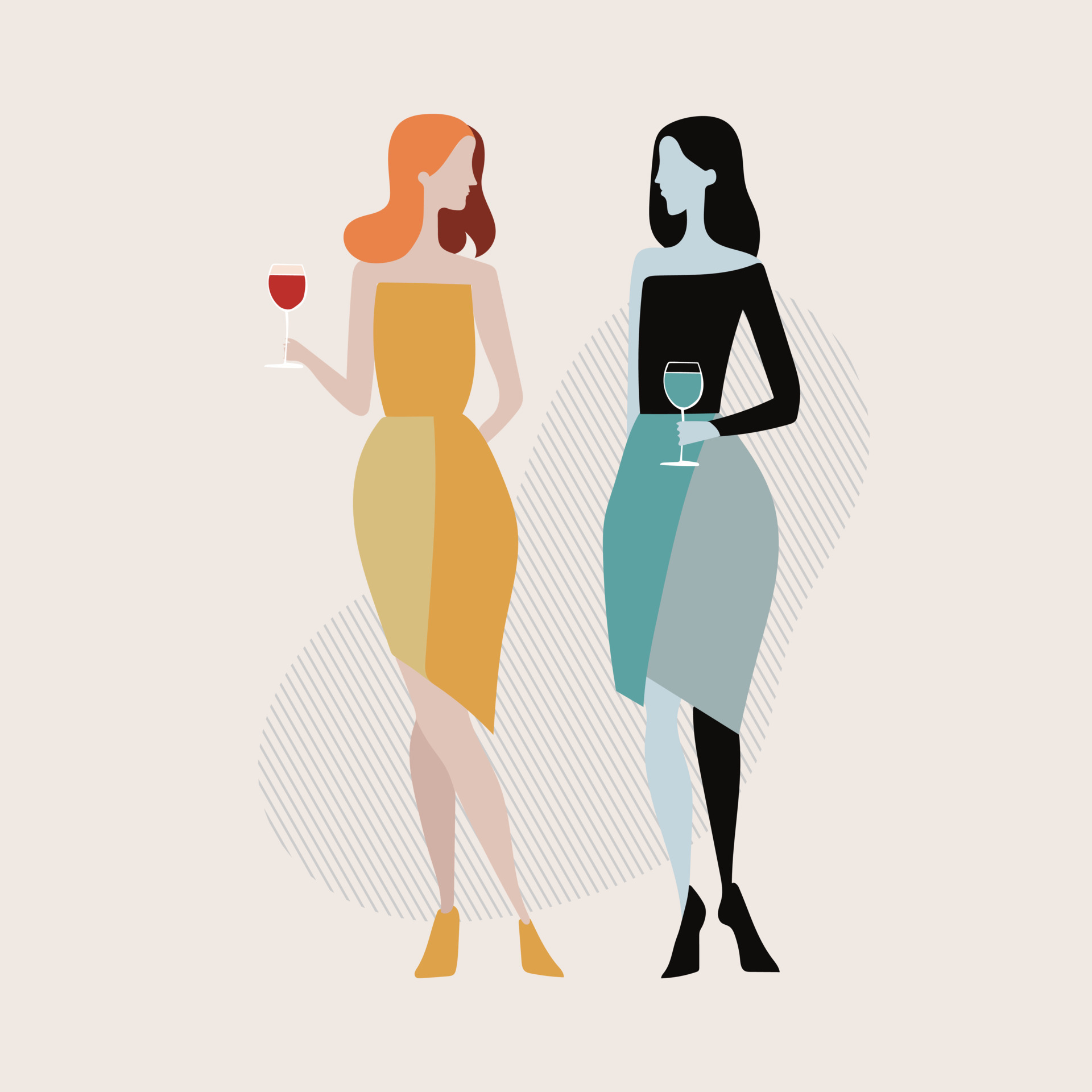 Two beautiful women friends drinking wine. Girls celebration together. Vector 22049950 Vector
