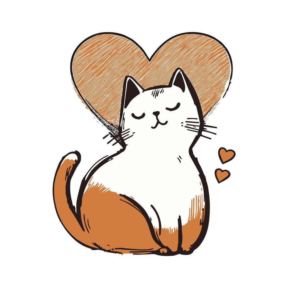 Vector isolated kitten with heart on a white background. Drawn vector character - cat design cute. Hand drawn style