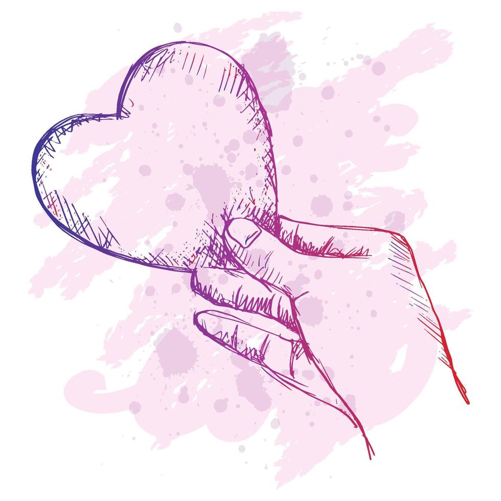 Hand drawn sketch of hand holding paper heart. vector