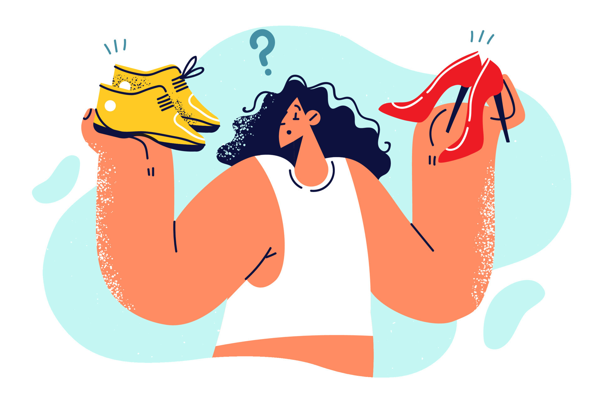 Woman chooses between sneakers and highheeled shoes to wear for walk