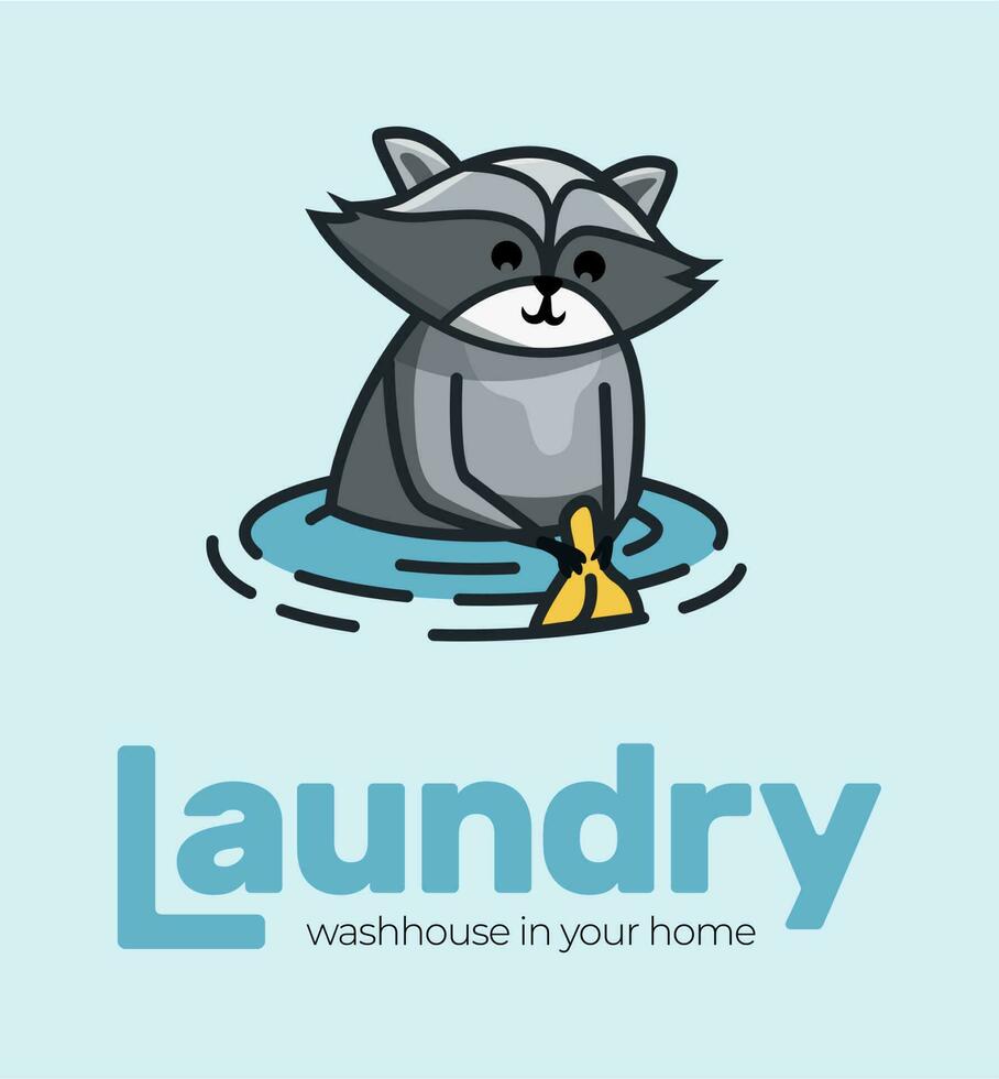 illustration with a striped raccoon that washes yellow items in water. Vector image.