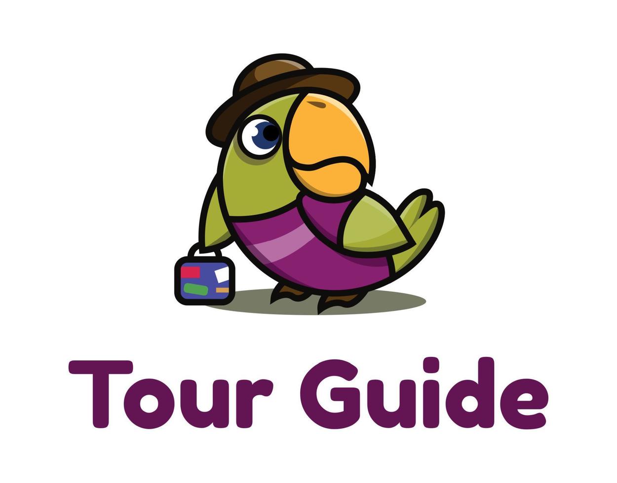 Business parrot illustration with a suitcase in a hat. Travels. Vector image.