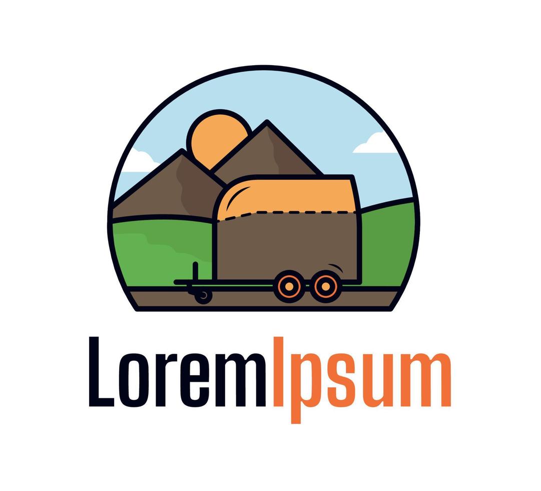 illustration with the image of a horse trailer. Image of a trailer, mountains, sun, text. Horse carriage logo. vector