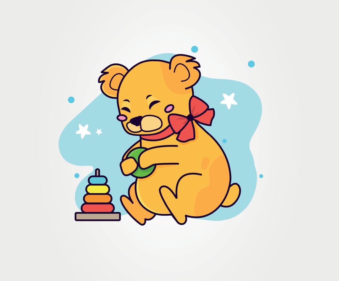 Cute teddy bear. Teddy bear plays with toys. Vector illustration
