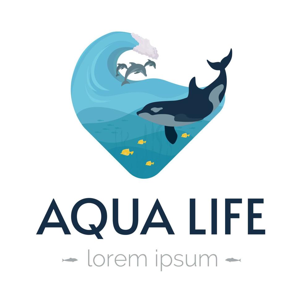 Dolphins jump out of the water. The killer whale swims in the ocean. Dolphins and killer whale in the ocean. Vector illustration