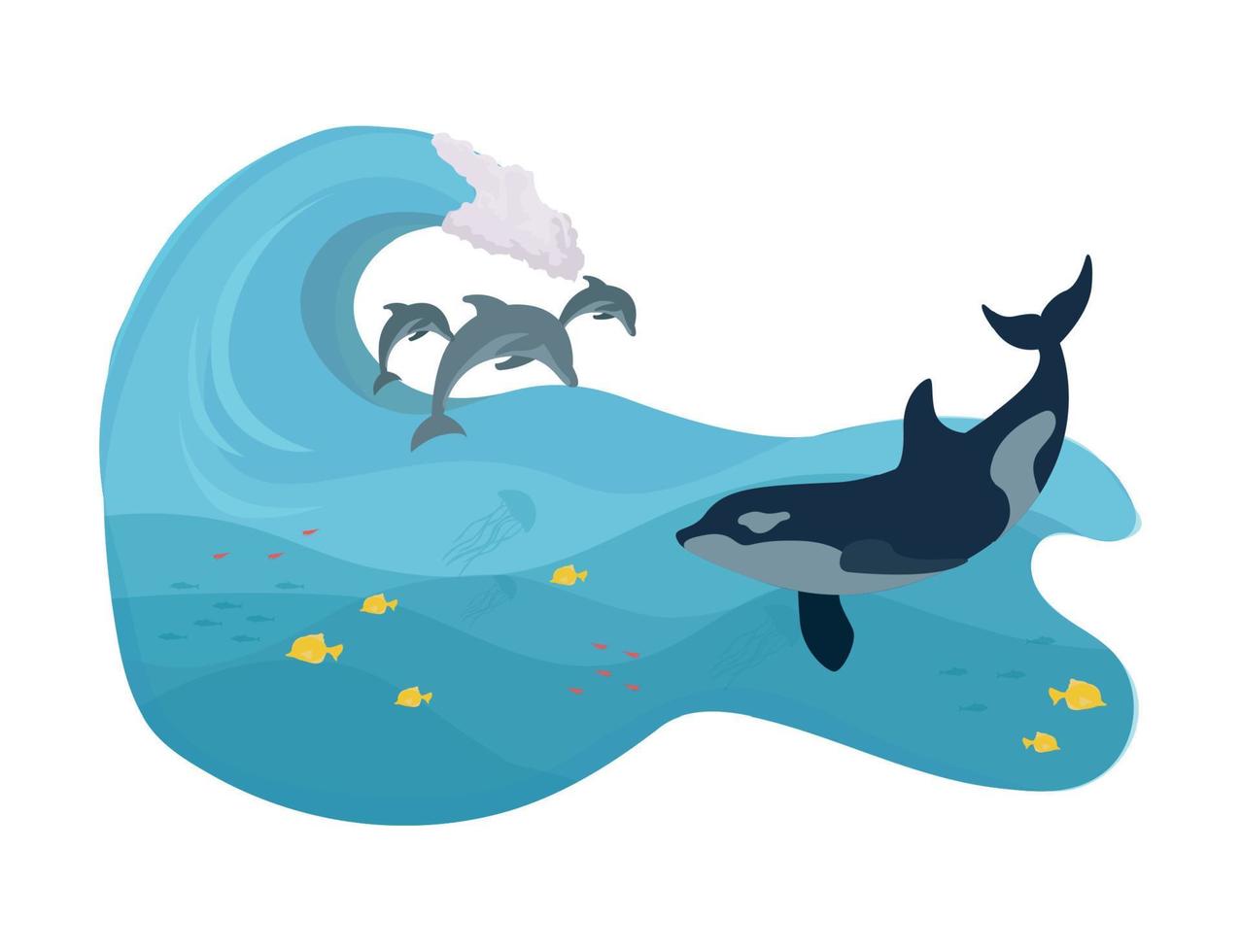 Dolphins jump out of the water. The killer whale swims in the ocean. Dolphins and killer whale in the ocean. Vector illustration