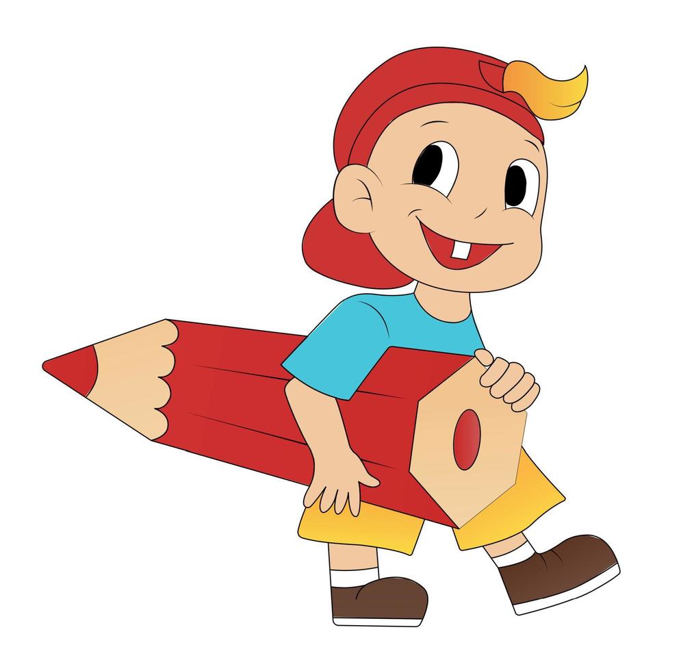 A boy with a pencil. The schoolboy smiles. Logo for stationery. Vector illustration student