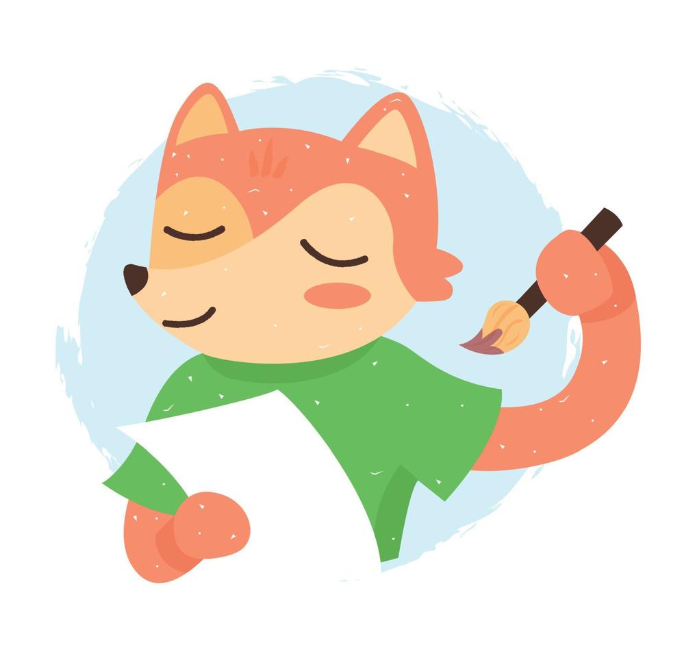 The fox draws on paper. Cute fox with a brush. Vector illustration an animal