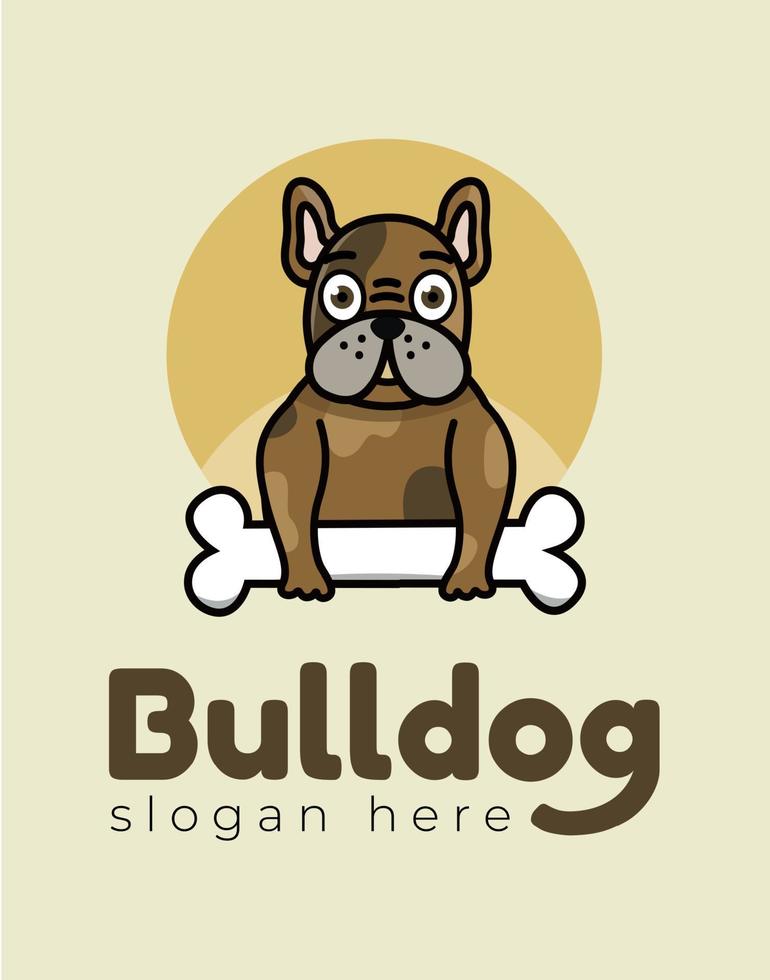 Bulldog illustration with a huge bone in his hands. Vector image.