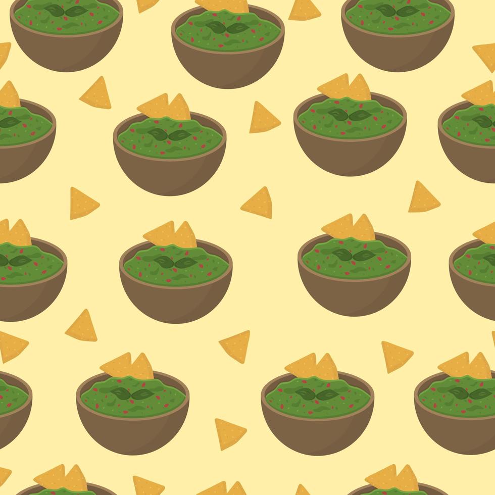 Seamless pattern with guacamole and chips. Traditional Mexican food. vector