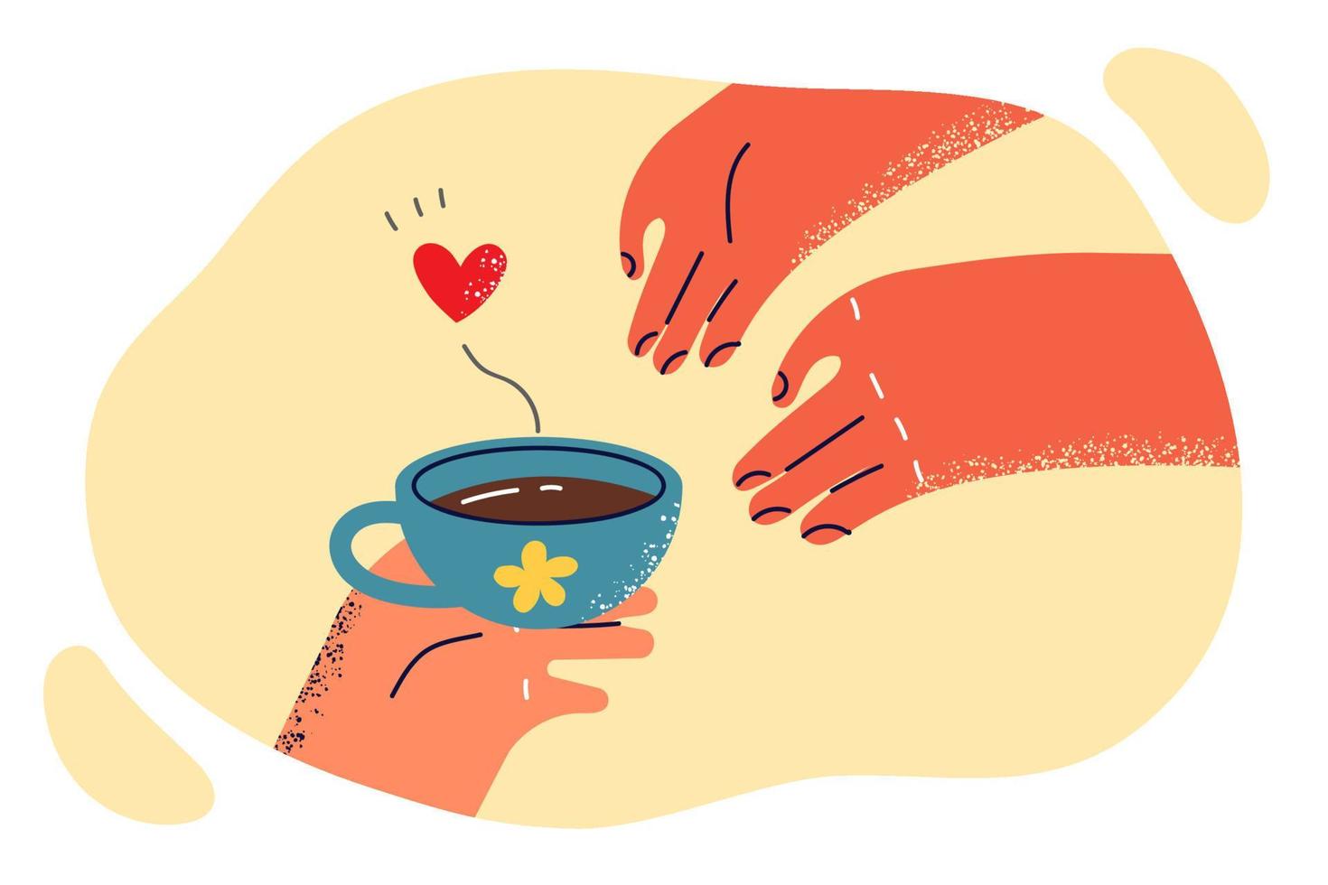 Hand passes freshly brewed coffee to another person as romantic gesture or courtship during love relationship. Cup of hot coffee with heart as metaphor for romantic present for loved one vector