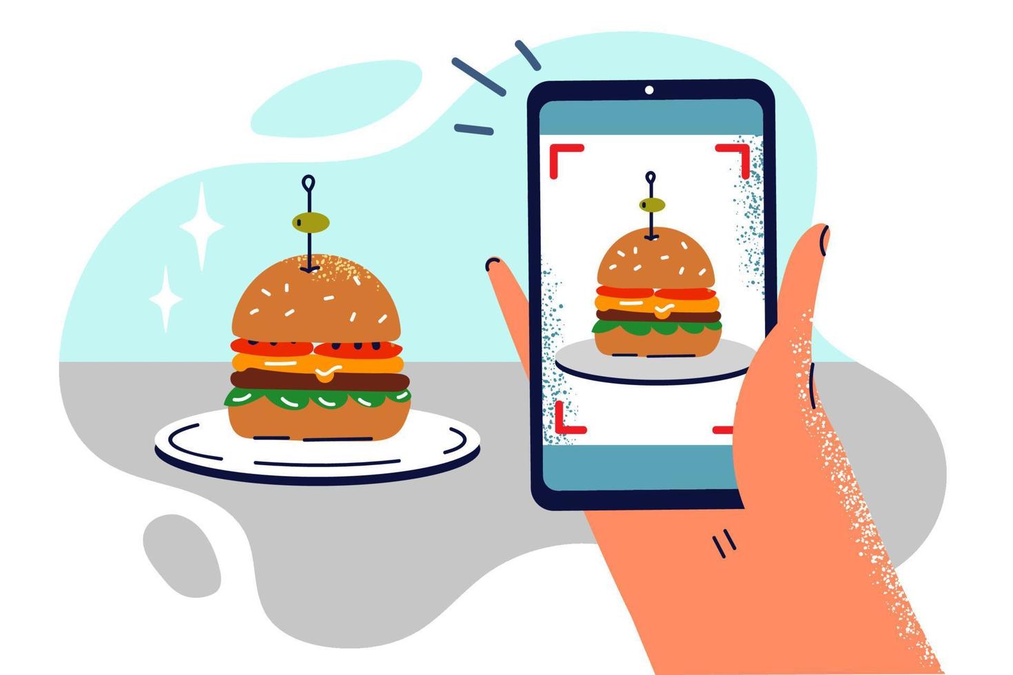 Hand with phone taking photo of hamburger on plate to share snapshot of lunch on social networks. Shooting hamburger on smartphone for online advertising or adding illustration to menu vector