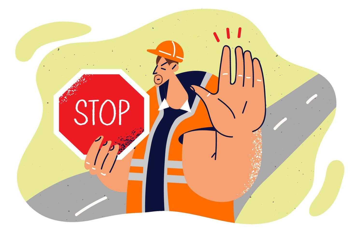 Man in builder uniform shows stop sign and makes caution gesture to warn drivers about road repairs. Repairman demonstrates inscription stop forbidding passage due to construction work vector