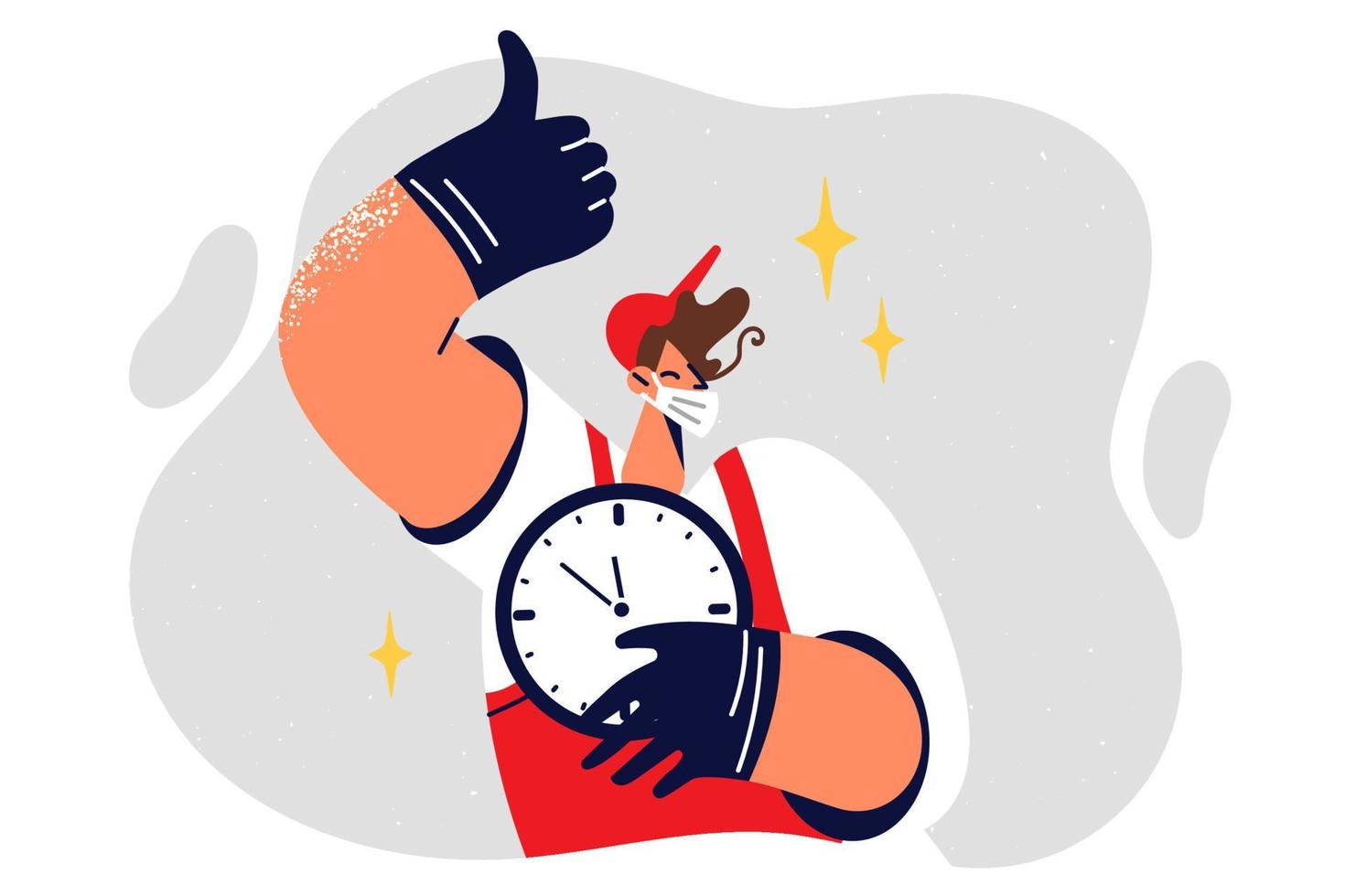 Worker in medical mask holds clock and shows thumbs up approve imposition of lockdown or quarantine. Man in overalls welcomes implementation of quarantine due to spread of viral flu vector