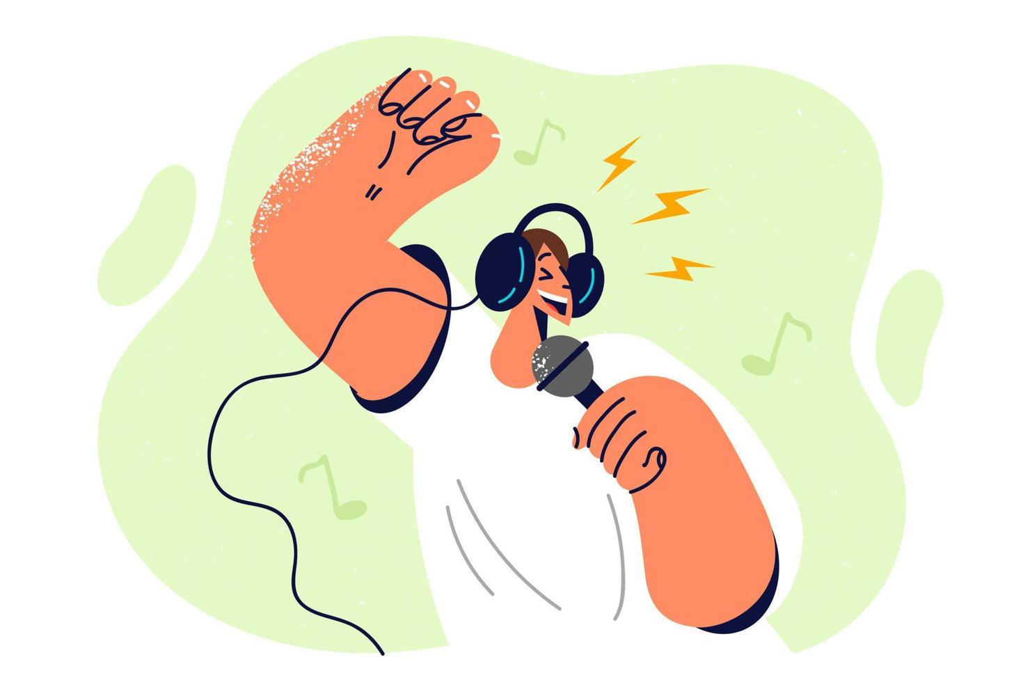Positive man in headphones holding microphone enjoying singing in karaoke club while relaxing on weekend. Professional singer sings track in karaoke club or recording studio for new solo album vector