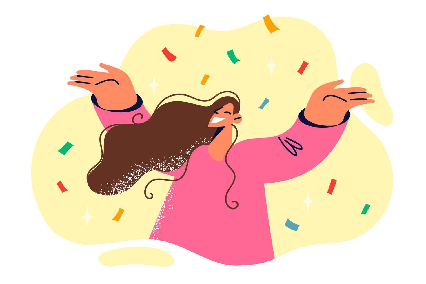 Positive woman raising hands rejoicing with festive confetti during birthday or christmas eve holiday party. Lady dances at party and smiles broadly while standing among falling paper salute vector