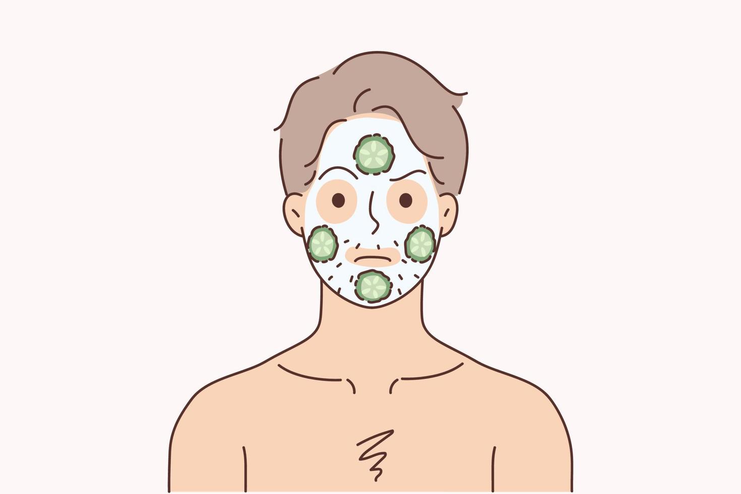 Man with facial mask for smooth healthy skin. Unhappy male do face procedures put cucumbers for hydration. Beauty and skincare. Vector illustration.