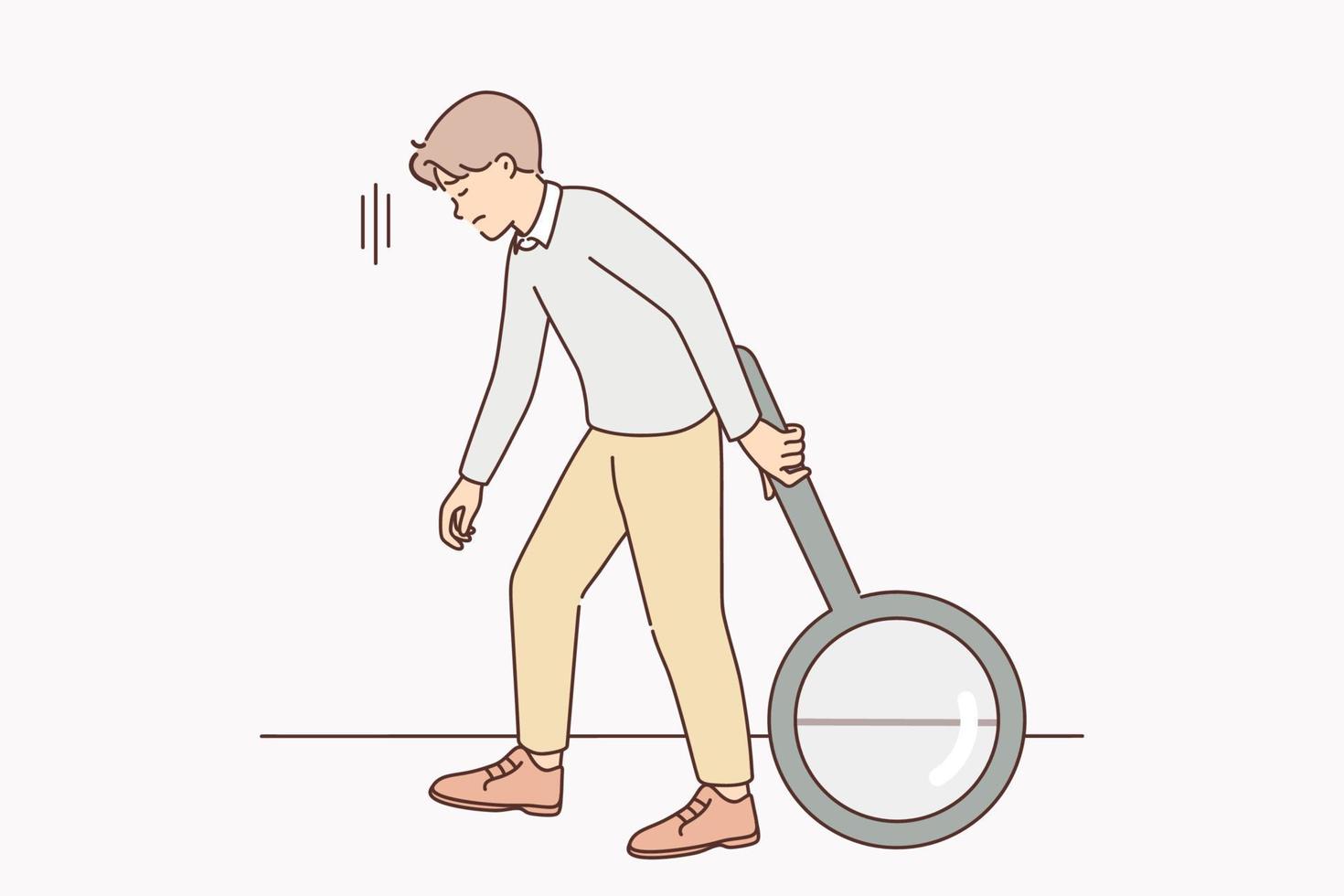 Unhappy tired man with huge magnifying glass distressed with searching. Upset guy feel exhausted walk with magnifier. Vector illustration.