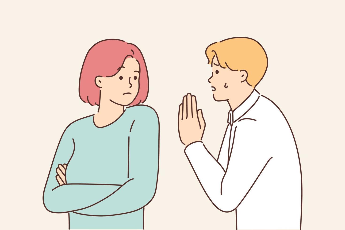 Desperate man asking stubborn woman for forgiveness. Unhappy crying guy beg for confident girl attention. Love and relationships problems. Vector illustration.