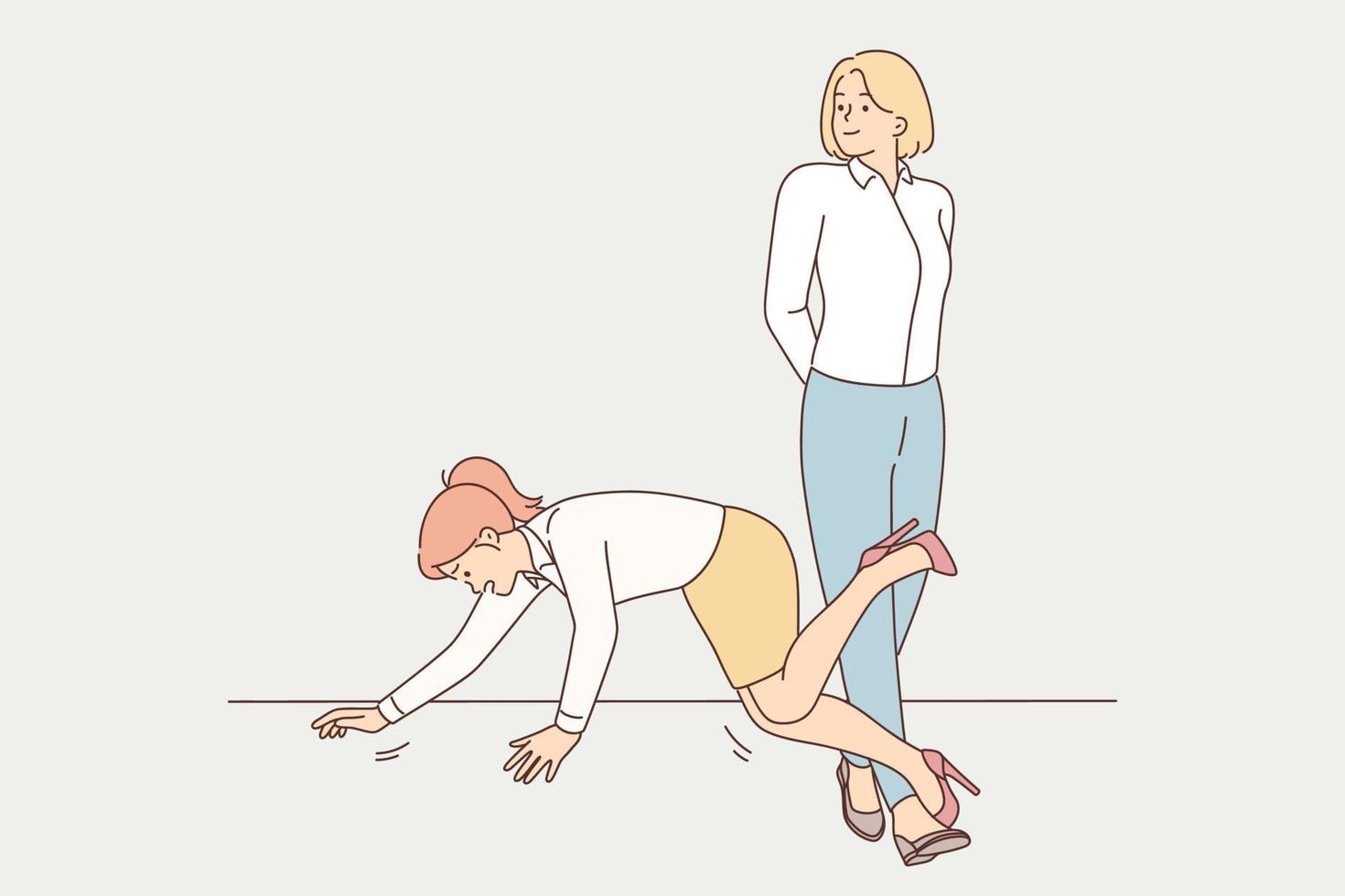 Jealous female employee put leg make colleague fall down. Envious woman worker chip coworker. Rivalry and competition. Vector illustration.