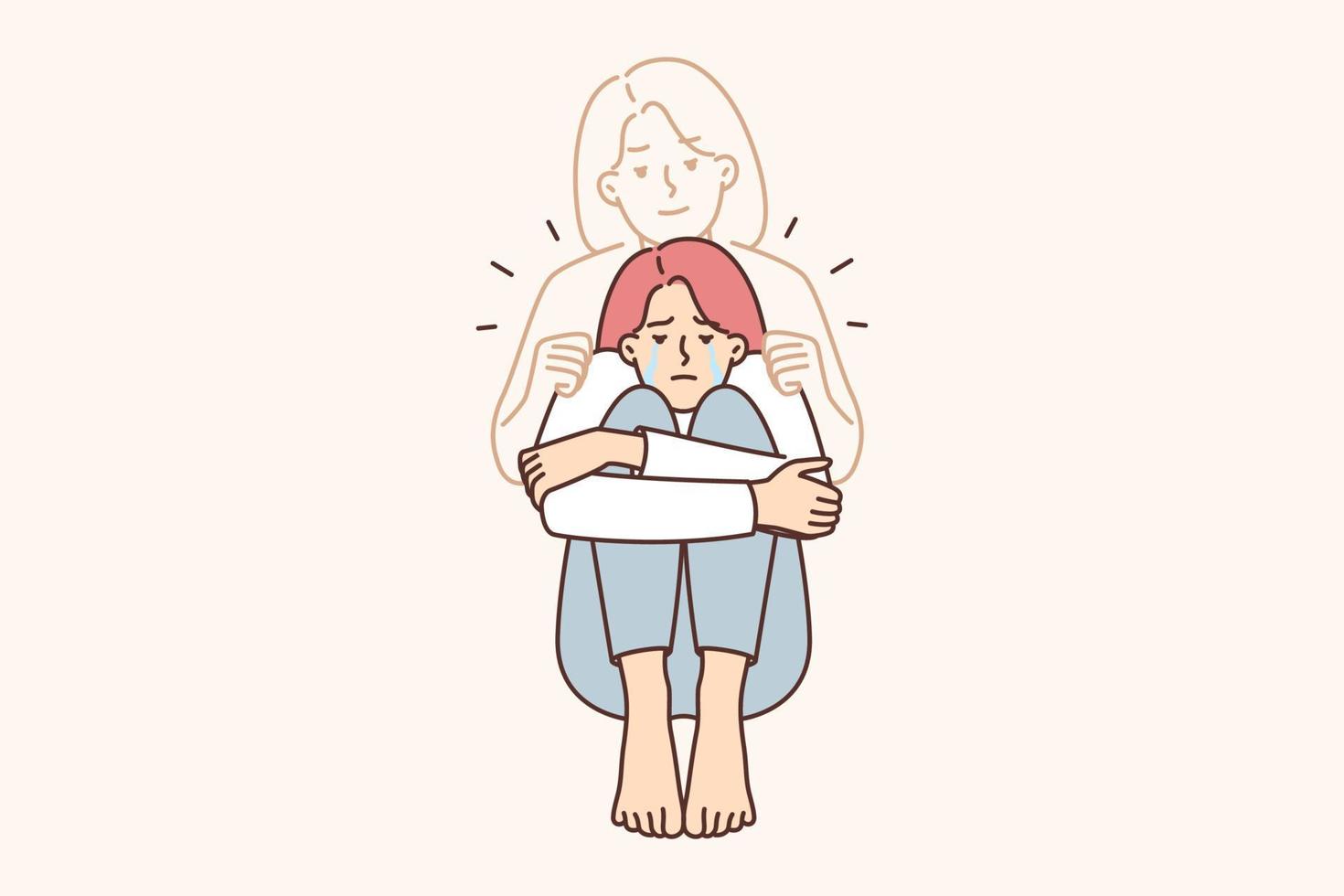 Depressed woman crying over death of mother or sister grieving over loss and loss of relative after long illness. Spirit of deceased hugs upset girl in need of psychological support related to death vector