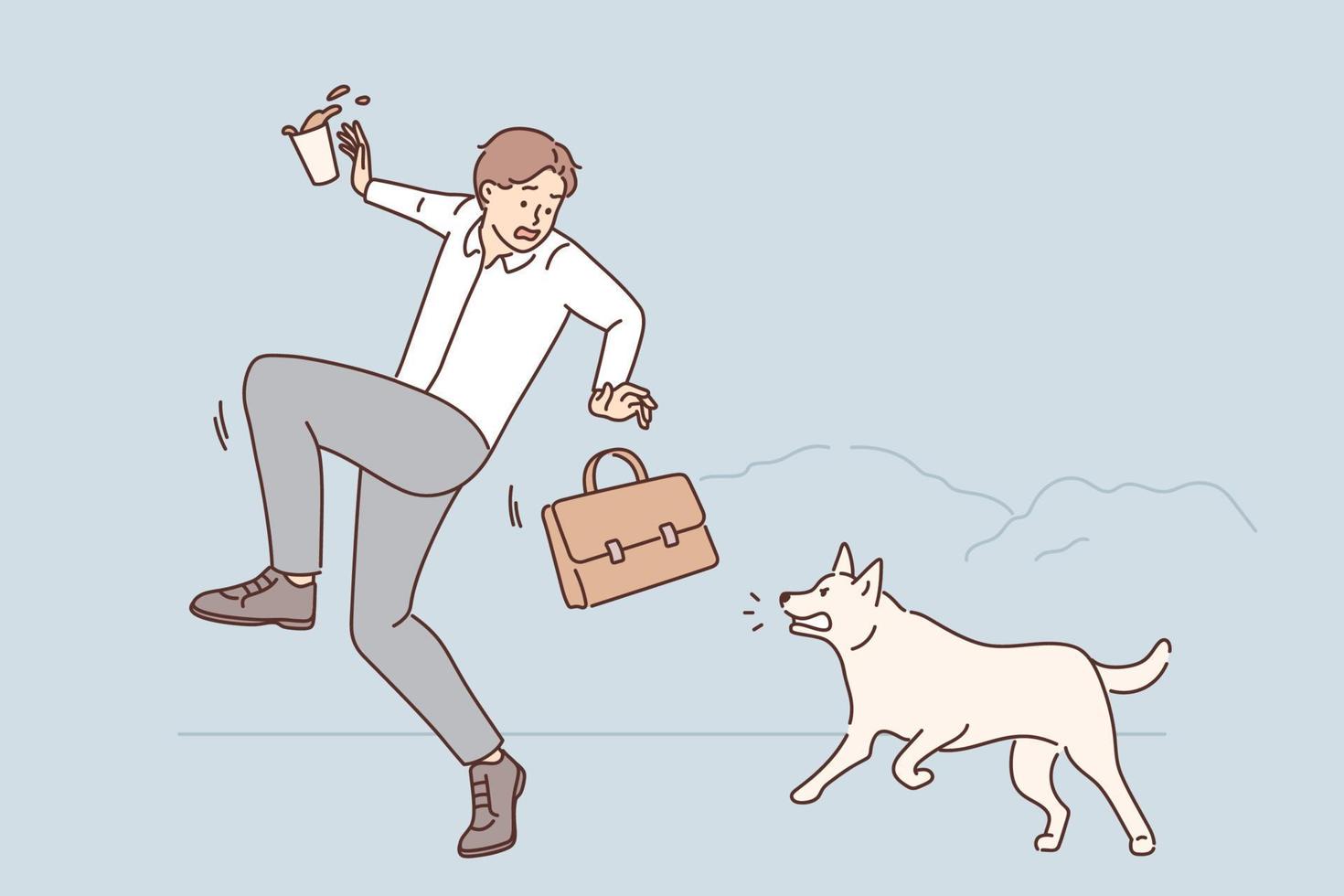 Terrified businessman run from aggressive dog on street. Scared male employee jump on place horrified with mad pet. Vector illustration.