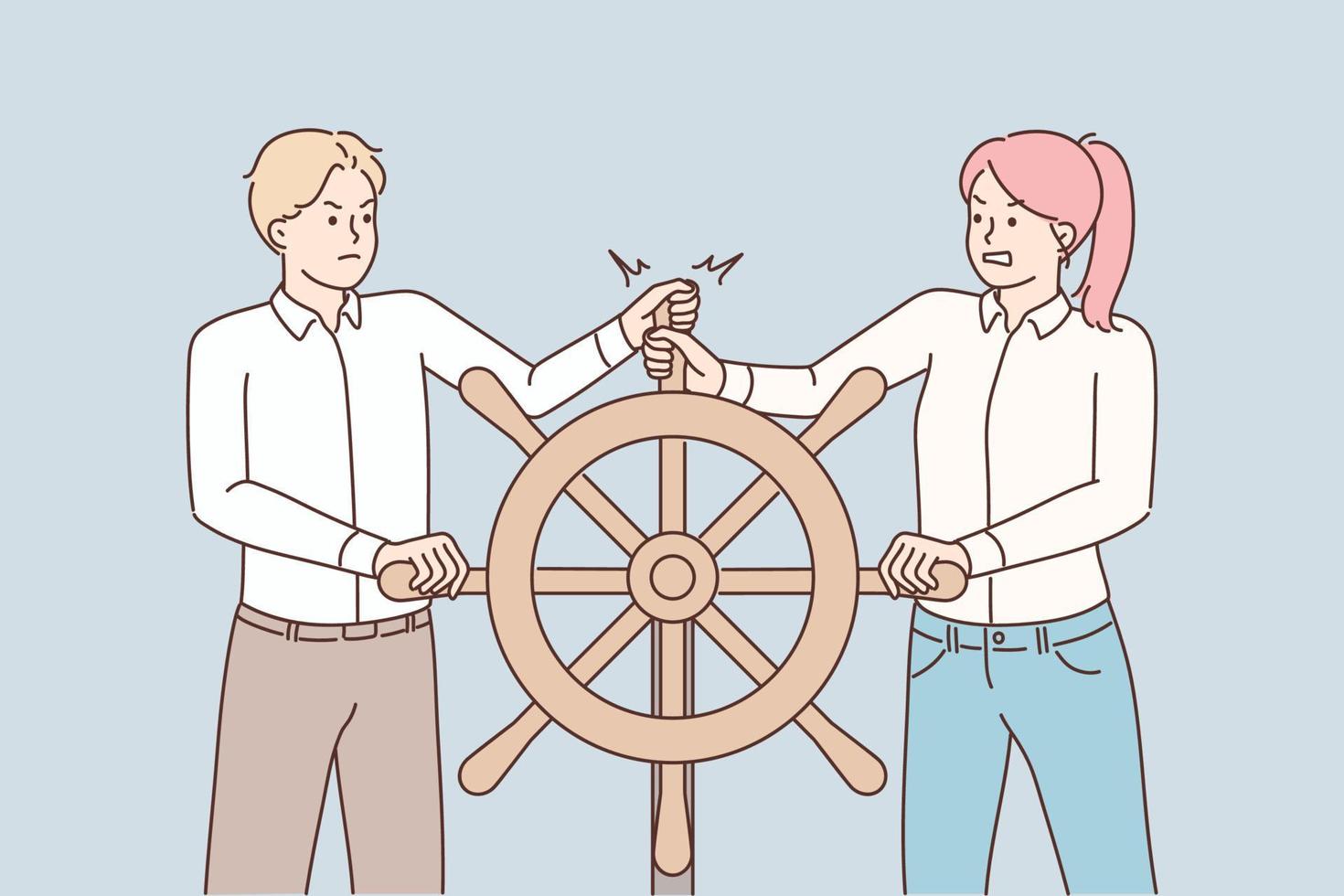Colleagues hold ship steering wheel move in different directions