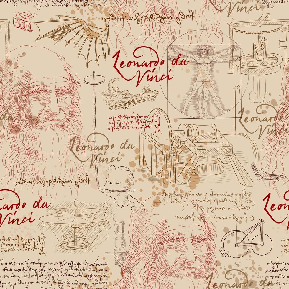 BEIGE SEAMLESS VECTOR BACKGROUND WITH LEONARDO DA VINCI SKETCH DRAWINGS