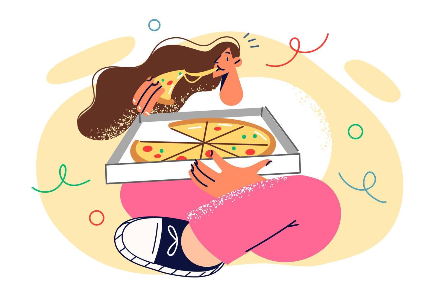 hambriento mujer sentado en piso cruzar rodillas con Pizza dentro caja entregado desde italiano comida restaurante. niña sostiene rebanada apetitoso caliente Pizza con extensión queso durante almuerzo descanso come rápido comida vector