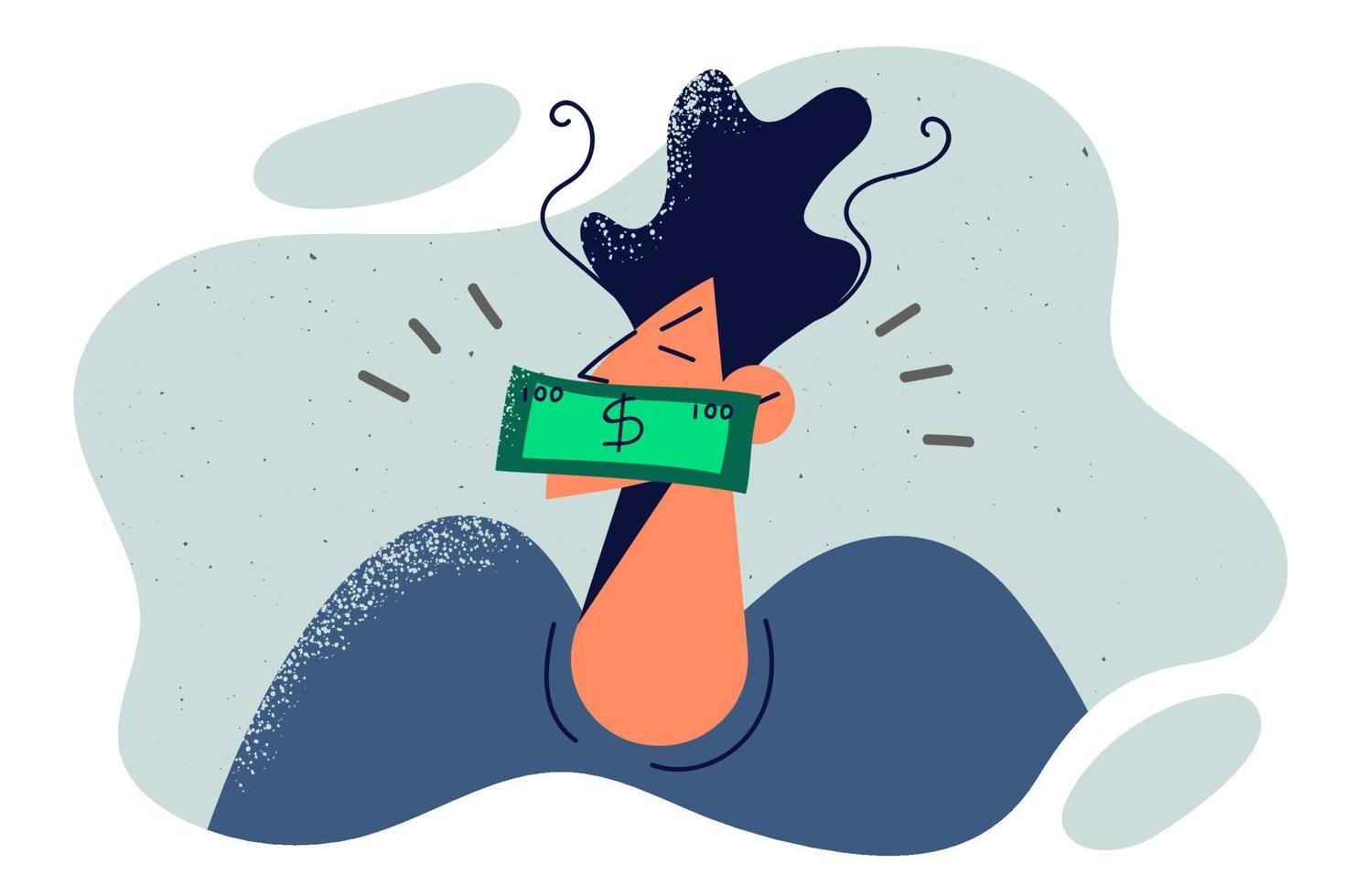 Tacit man with banknote near face symbolizing bribery to silence or limit spread of wrong opinion. Tacit guy who agreed to financial reward for suppressing information about crime vector
