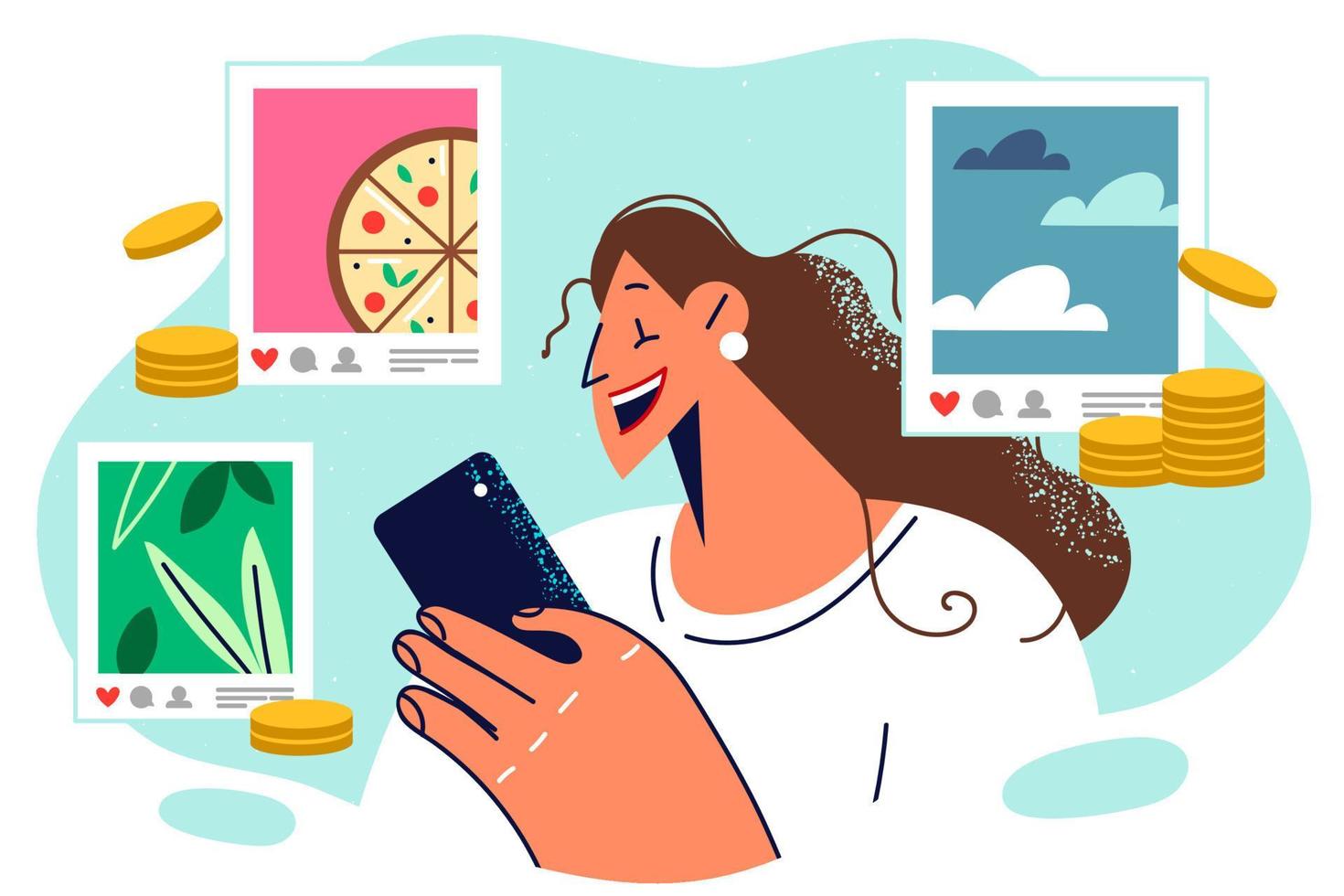 Blogger girl with phone stands among photos and coins symbolizing internet blogging. Woman blogger makes money on publications in social networks thanks to influencer marketing for advertiser vector