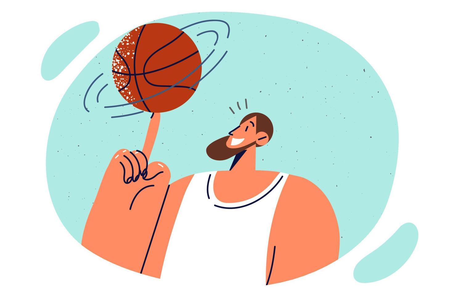 Man professional basketball player spins ball on finger demonstrating professionalism and leadership in team sport game. Guy who plays basketball as hobby does trick with ball and smiles vector