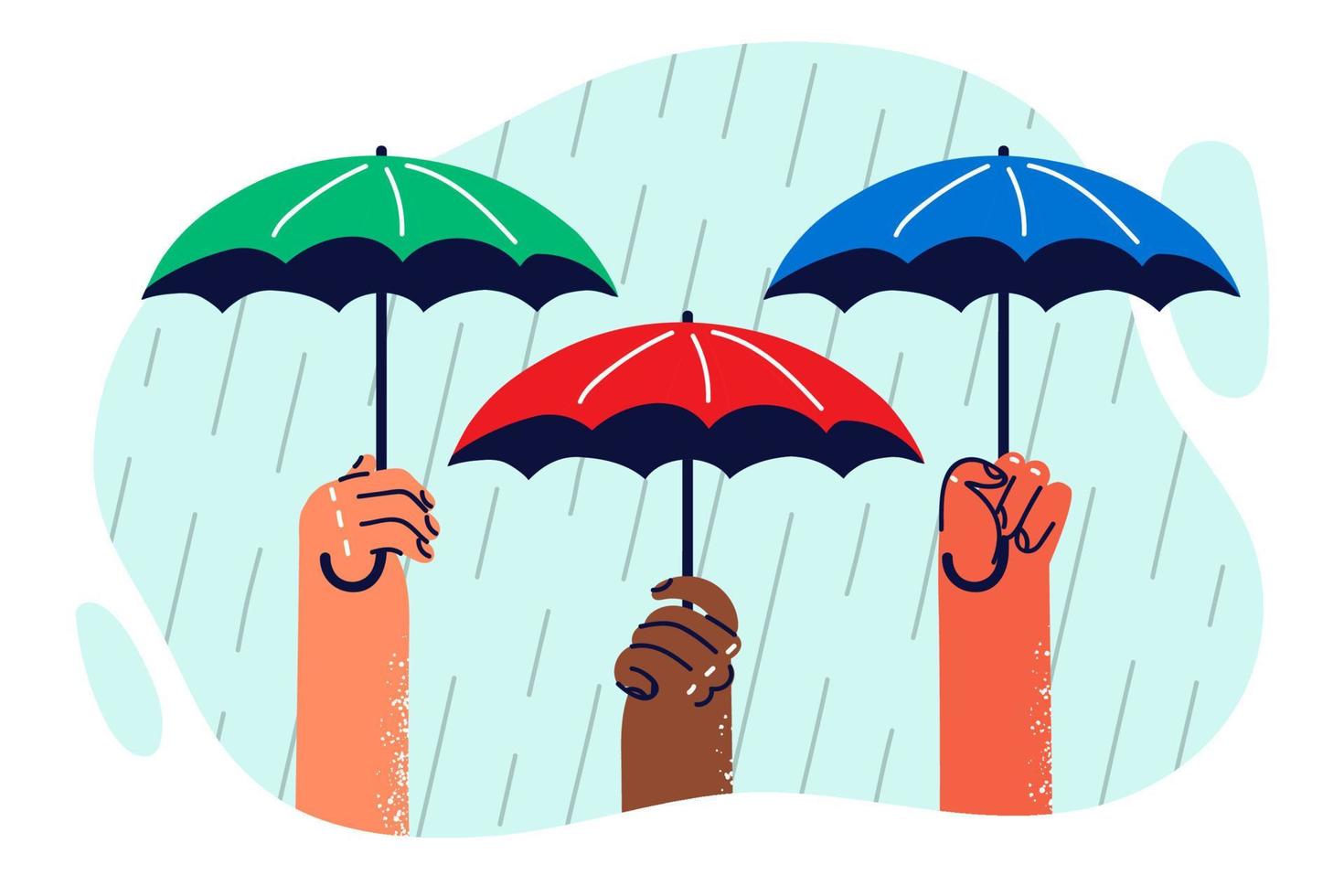 Hands of people with umbrellas protecting from heavy rain symbolizing onset of autumn with precipitation. Umbrellas and rain as metaphor for protecting multiethnic diversity over ethnic disputes vector