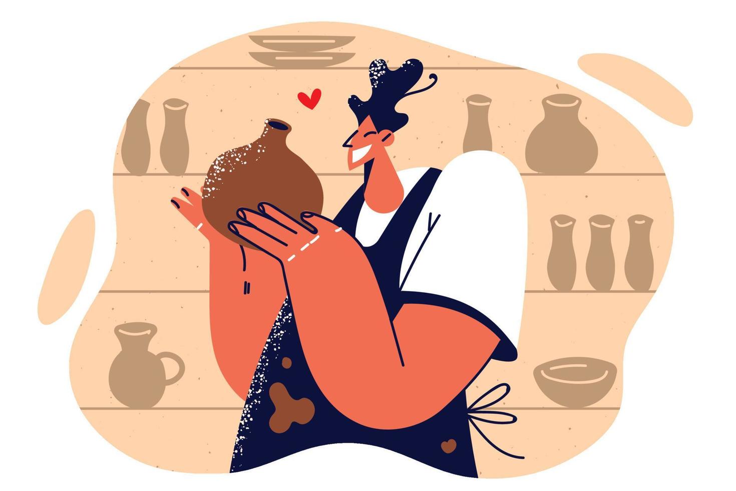 Woman employee of pottery store demonstrates vase made from natural clay for sale at crafts fair. Girl artisan proudly shows handmade dishes created by professional ceramist from pottery workshop vector
