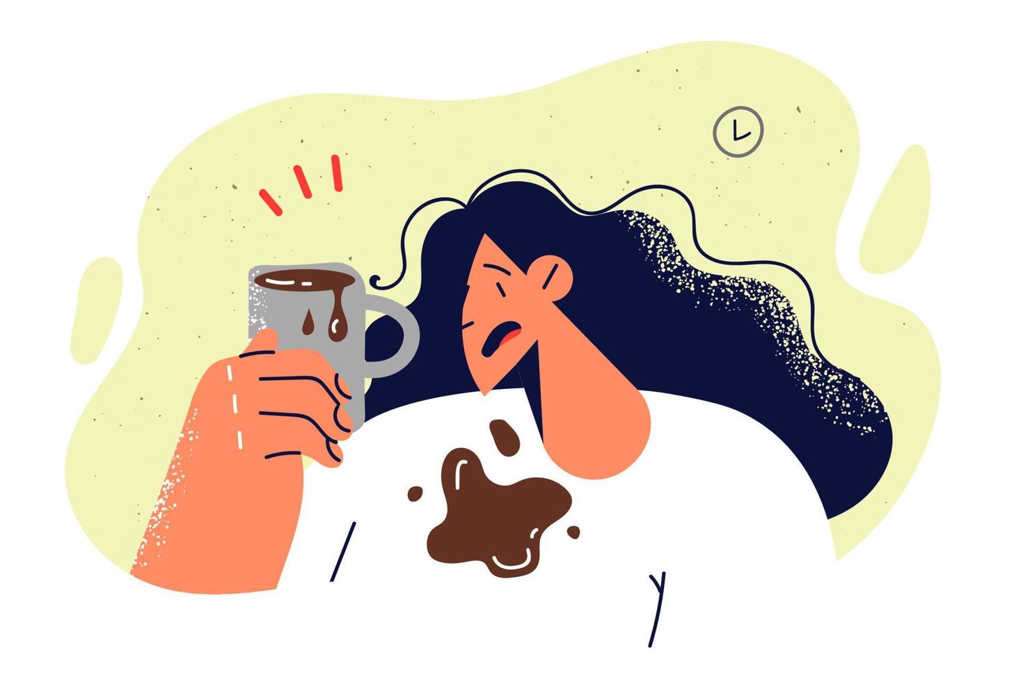 Woman accidentally spilled coffee from mug on T-shirt during breakfast or work break and needs change of clothes. Sloppy girl holds mug filled with lemonade or hot drink spilled over edge vector