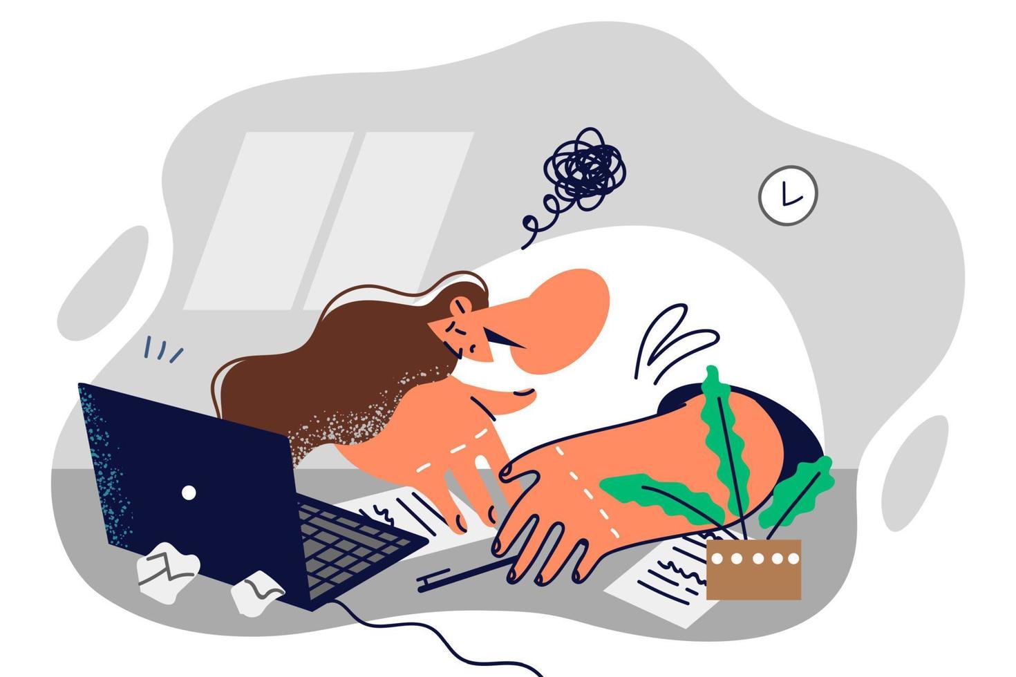 Unmotivated woman freelancer laying head on table suffering from frustration due to poor management and lack perspective. Unmotivated girl looking at laptop refusing to work after professional burnout vector