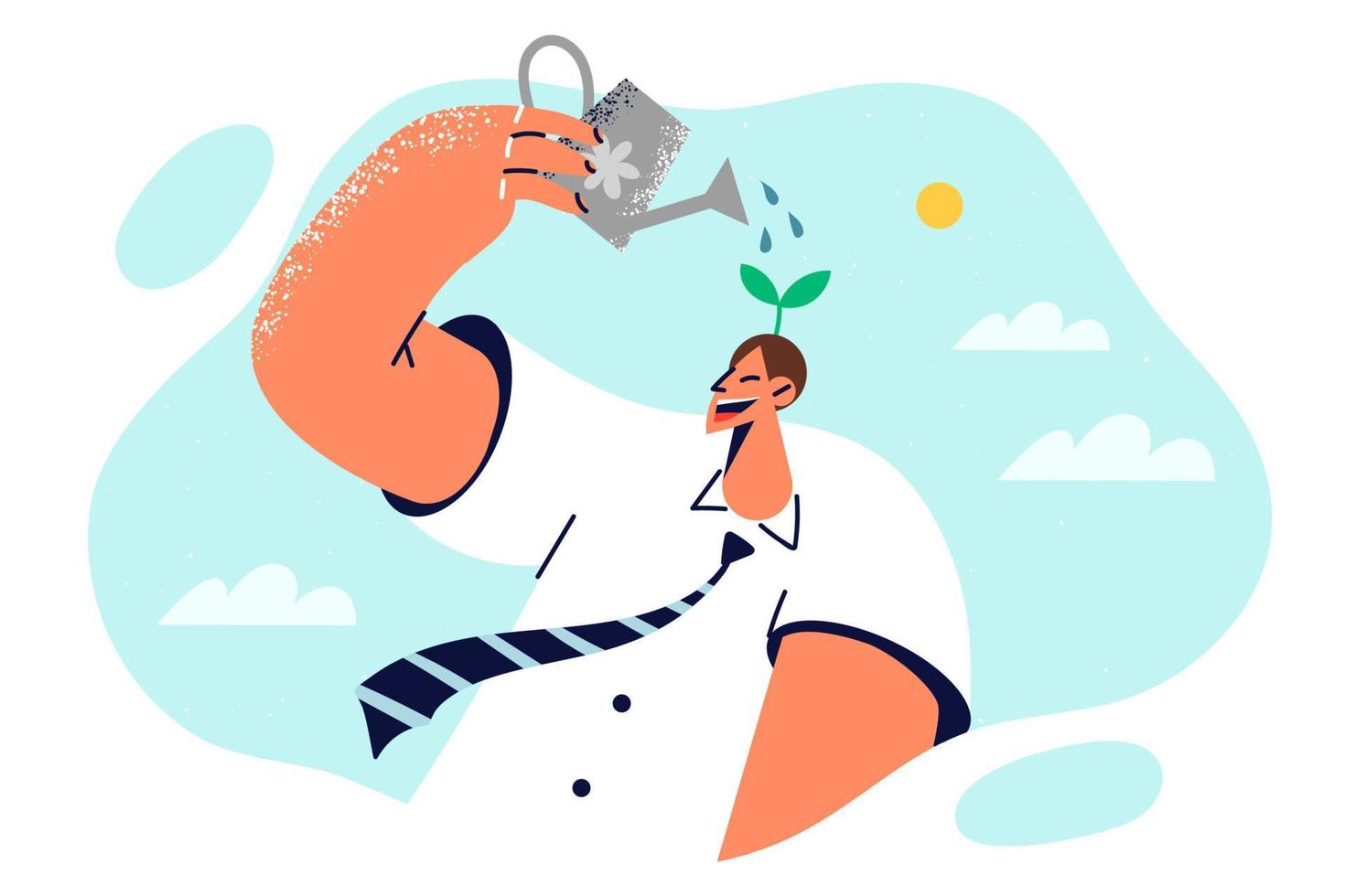 Man wants to succeed holds watering can over head watering plants symbolizing self-development and desire for improvement. Motivated guy in business clothes improves own skills for career growth vector