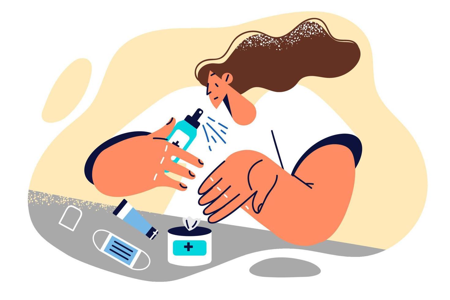 Vigilant woman uses antiseptic containing alcohol to sanitize hands after walk or going to store. Girl make use of sanitizer or antiseptic as preventive measure to fight infectious flu vector