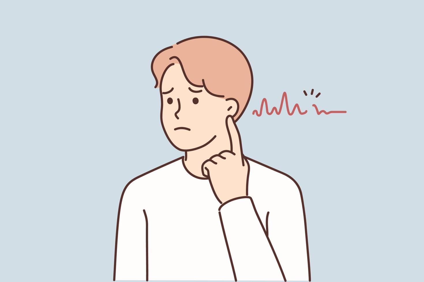 Unhealthy man with sound waves near ear. Unwell guy suffer from hearing disability. Health problem. Vector illustration.