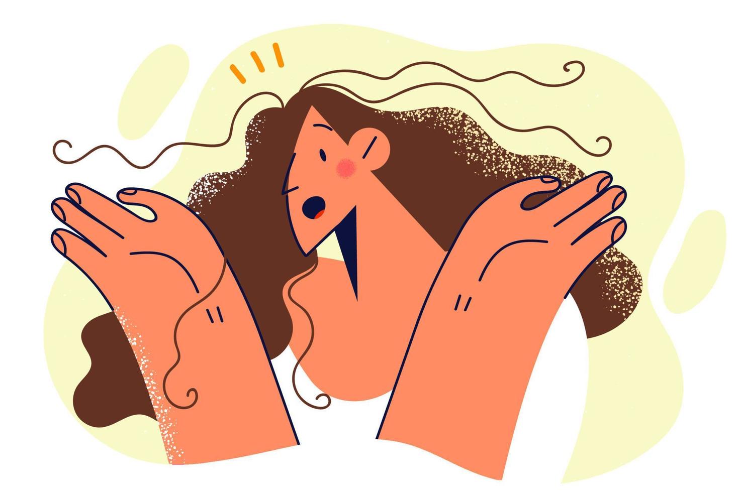 Shocked woman surprised with wide open mouth and throwing up hands demonstrating wow and omg emotions. Amazed woman experiencing shock saw unexpected advertisement or discount size on sale in store vector