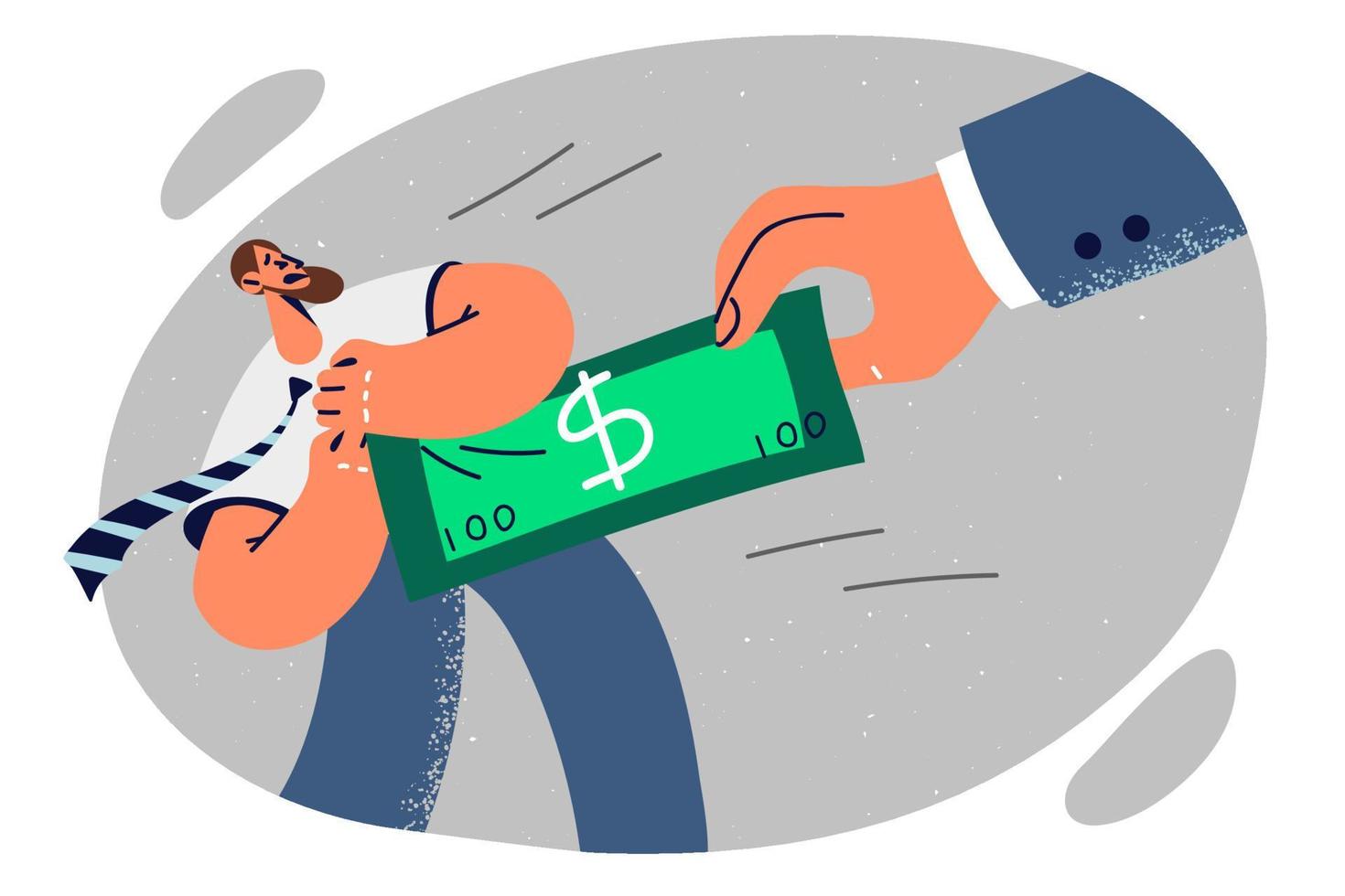Man tries to take banknote from giant hand while fighting for market share for business or pay rise. Concept of fighting against company competitors for financial profit and business income vector
