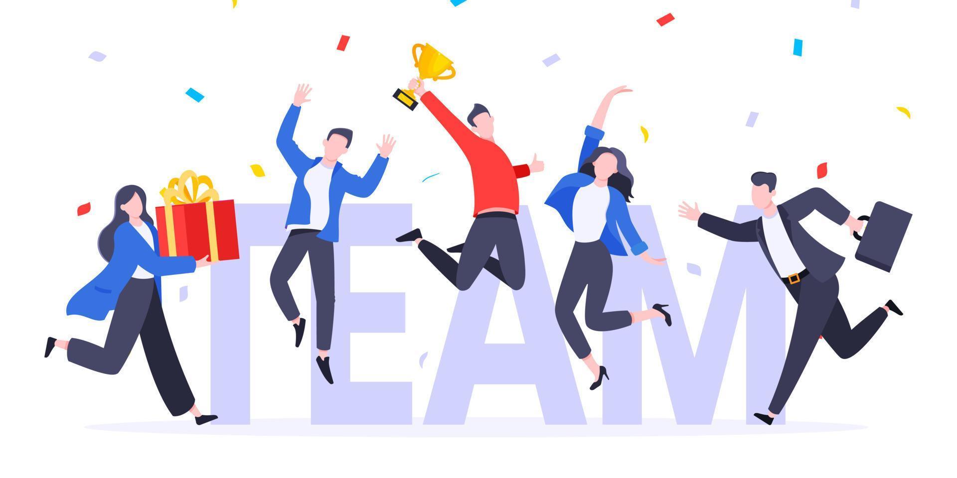 Happy business employee team winners award ceremony flat style design vector illustration.