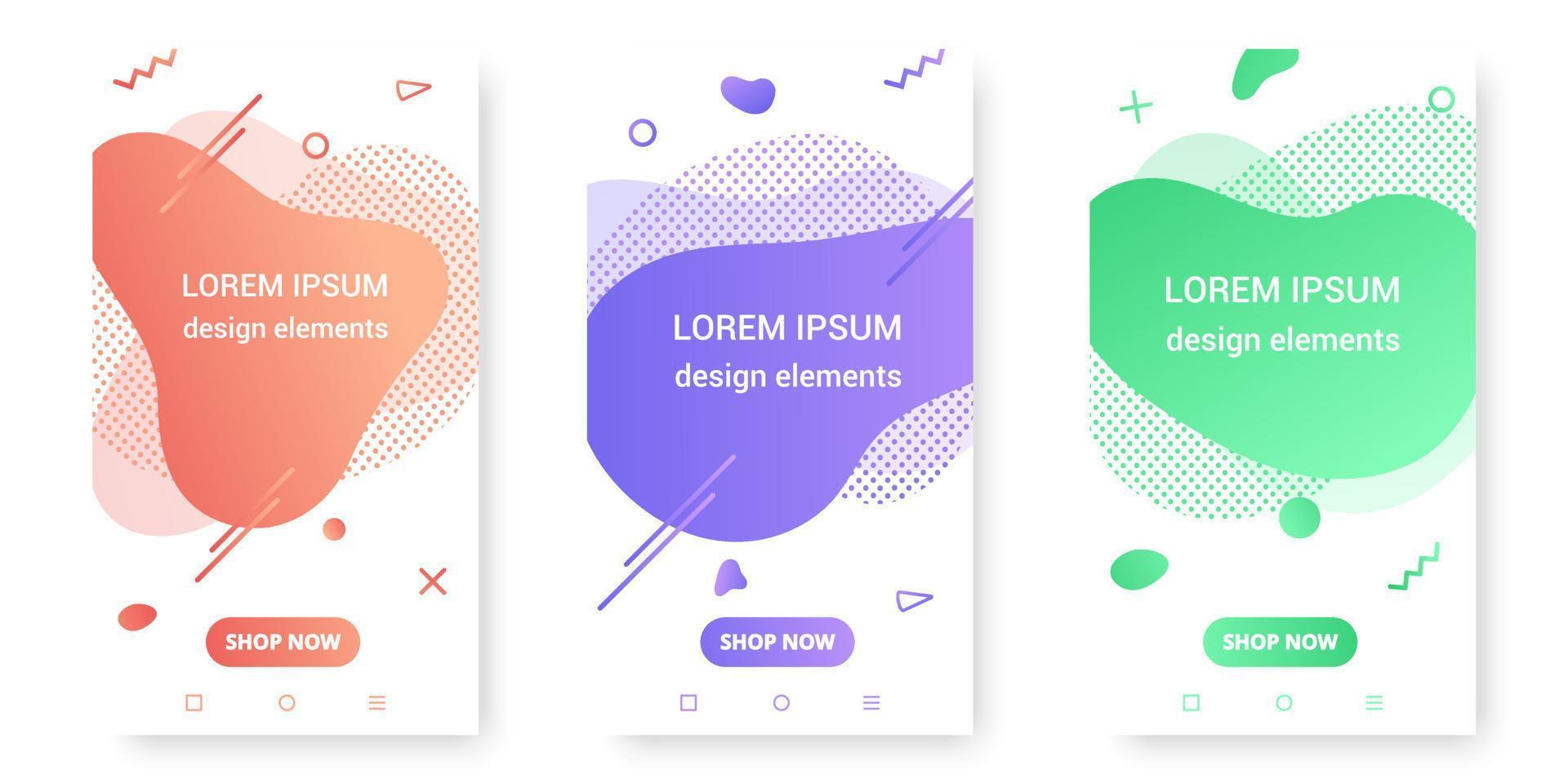 3 Modern liquid abstract element graphic gradient flat style design fluid vector colorful illustration set