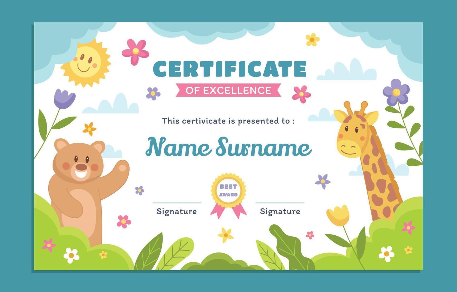 Fun Children with Animal Certificate Template Design vector