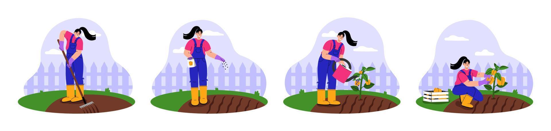 Female gardener working set. Young woman planting seeds vegetables, watering and harvesting. Agriculture, farming and gardening concept. Flat vector illustration.