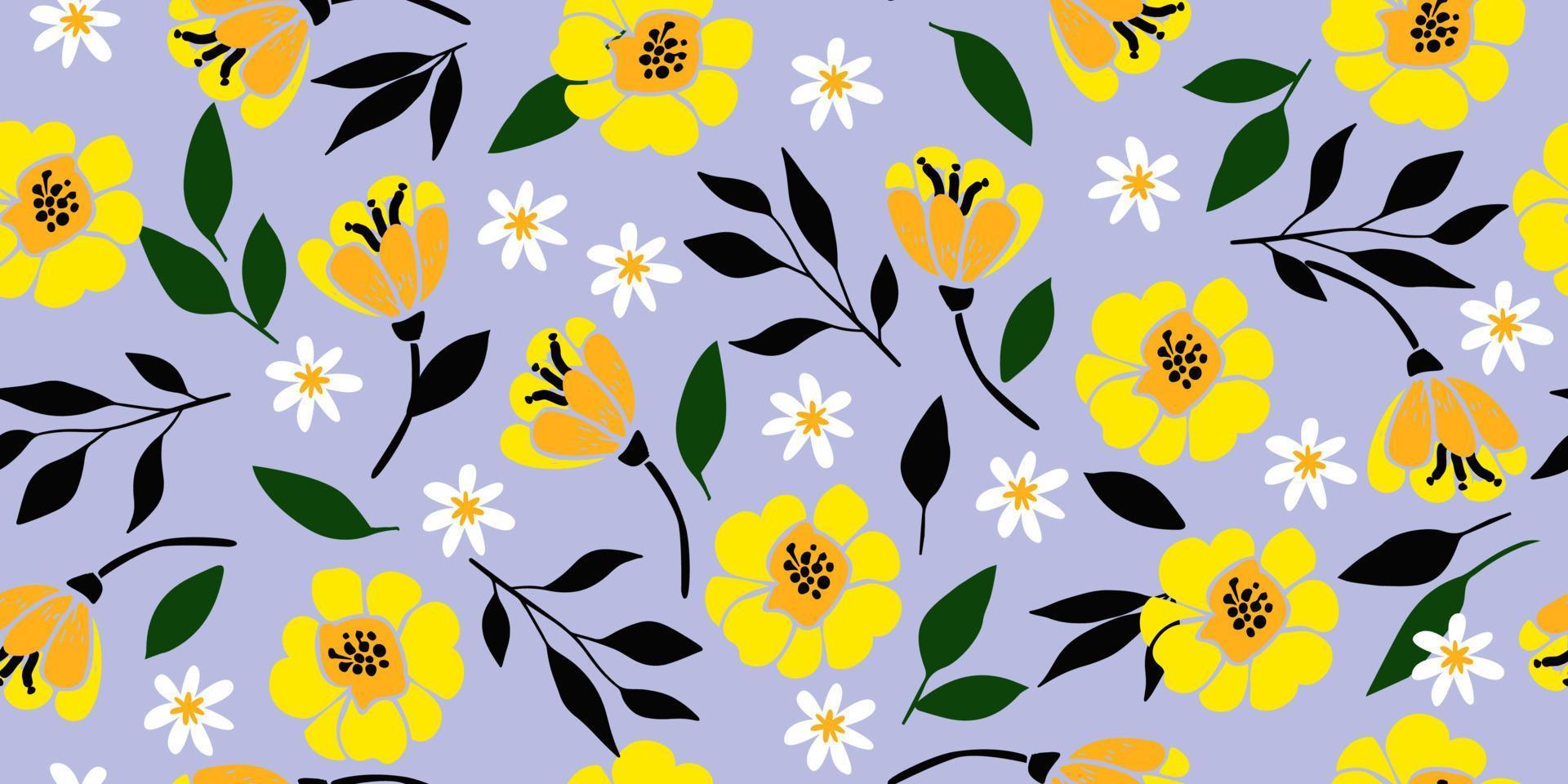 Hand drawn flowers, seamless patterns with floral for fabric, textiles, clothing, wrapping paper, cover, banner, interior decor, abstract backgrounds. vector