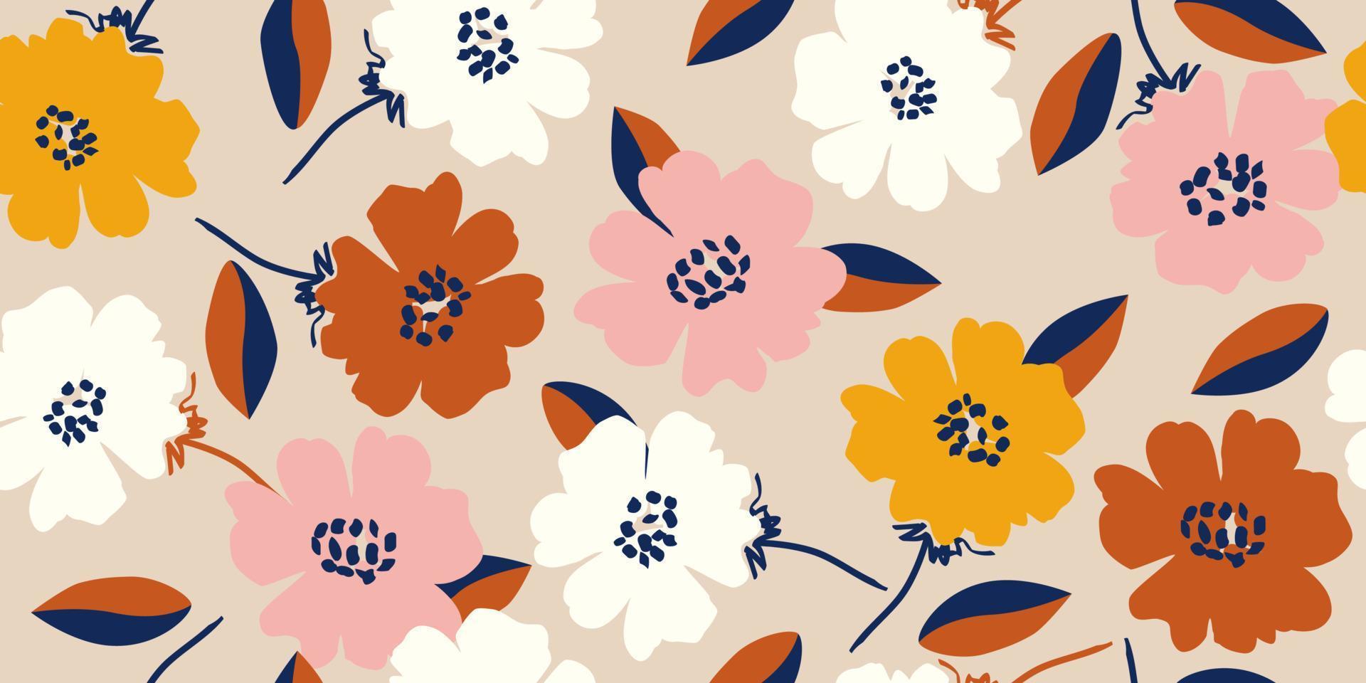 Hand drawn flowers, seamless patterns with floral for fabric, textiles, clothing, wrapping paper, cover, banner, interior decor, abstract backgrounds. vector